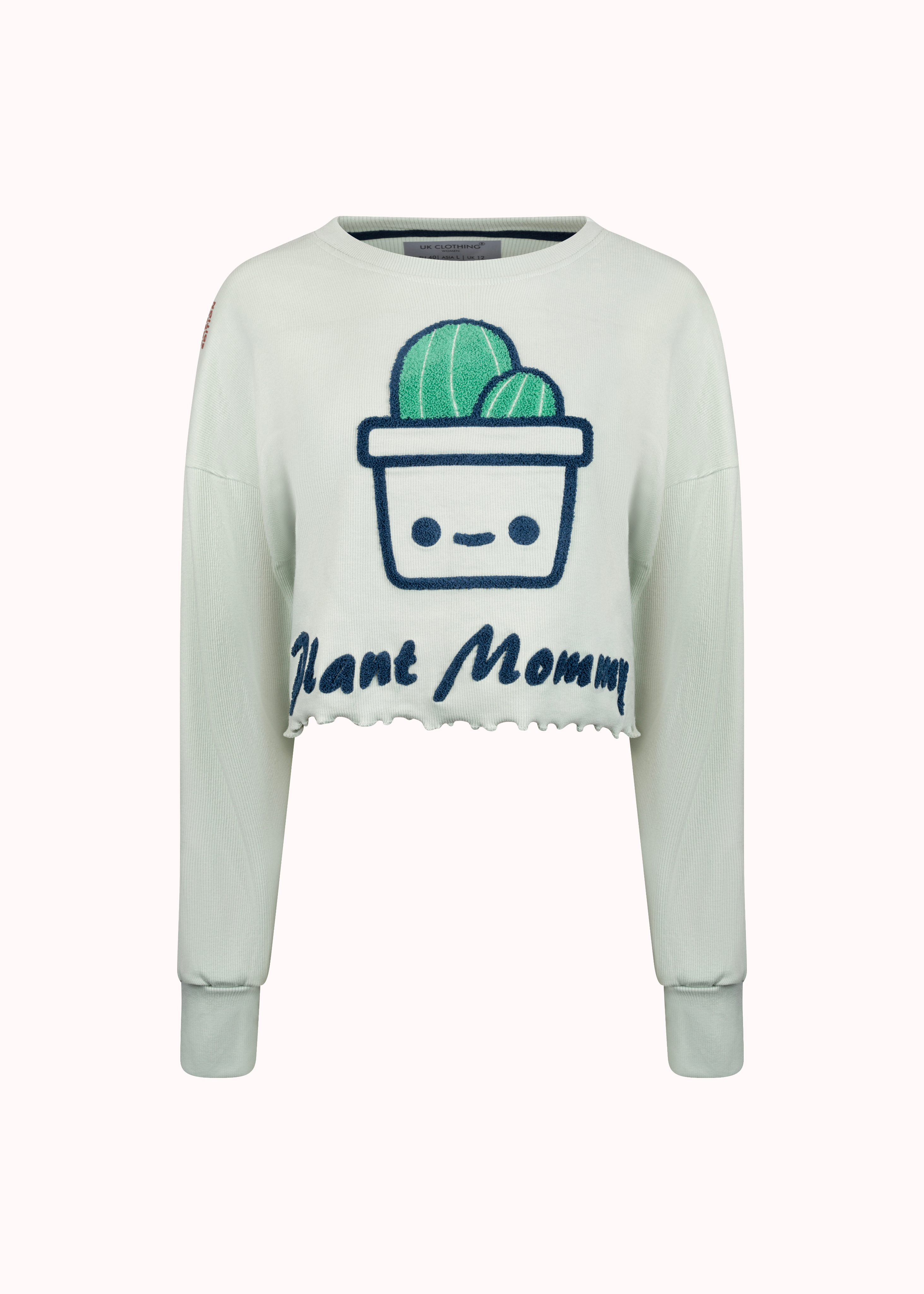 Green ribbed oversized embroidered crop top