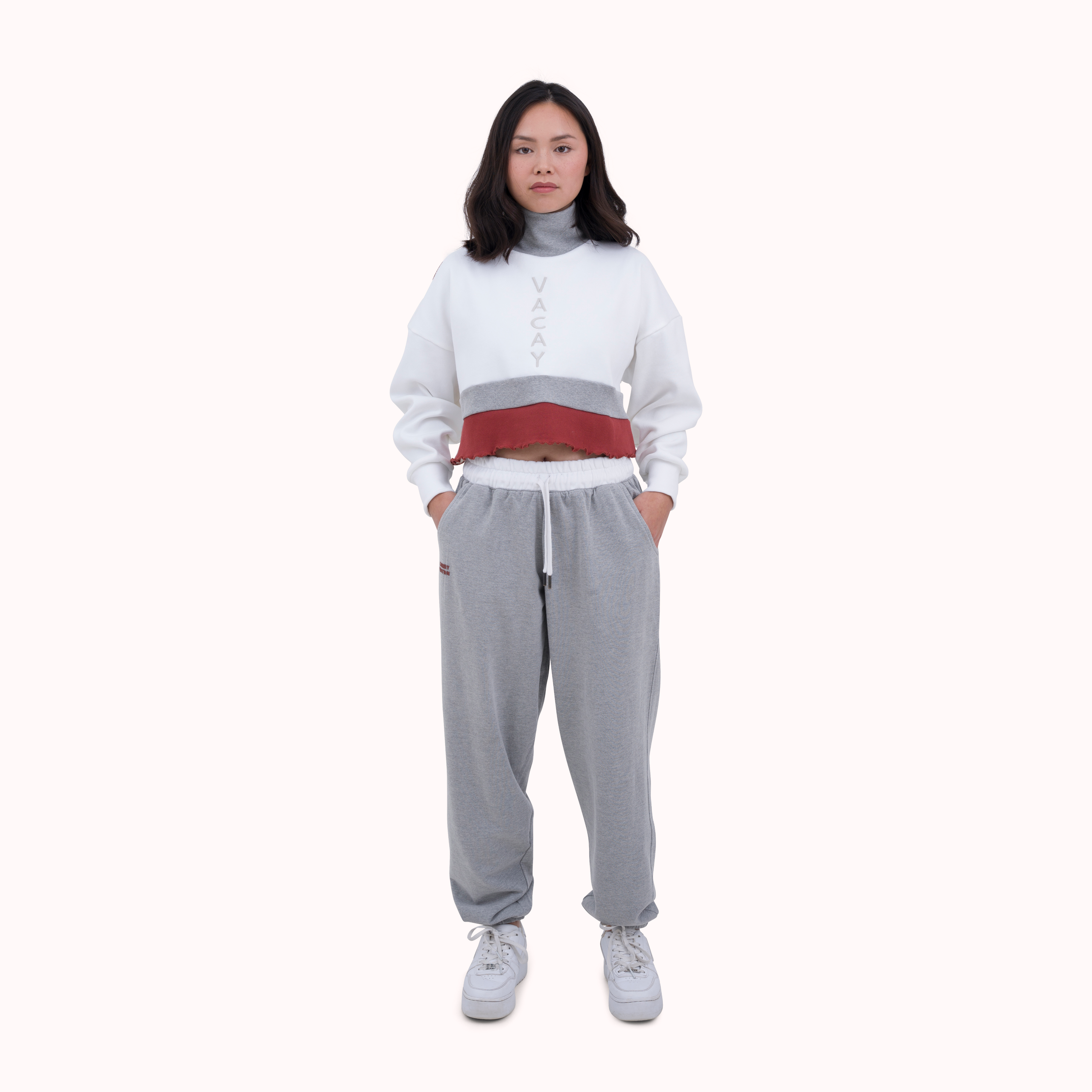 Colourblocked ribbed oversized embroidered cut sew crop top