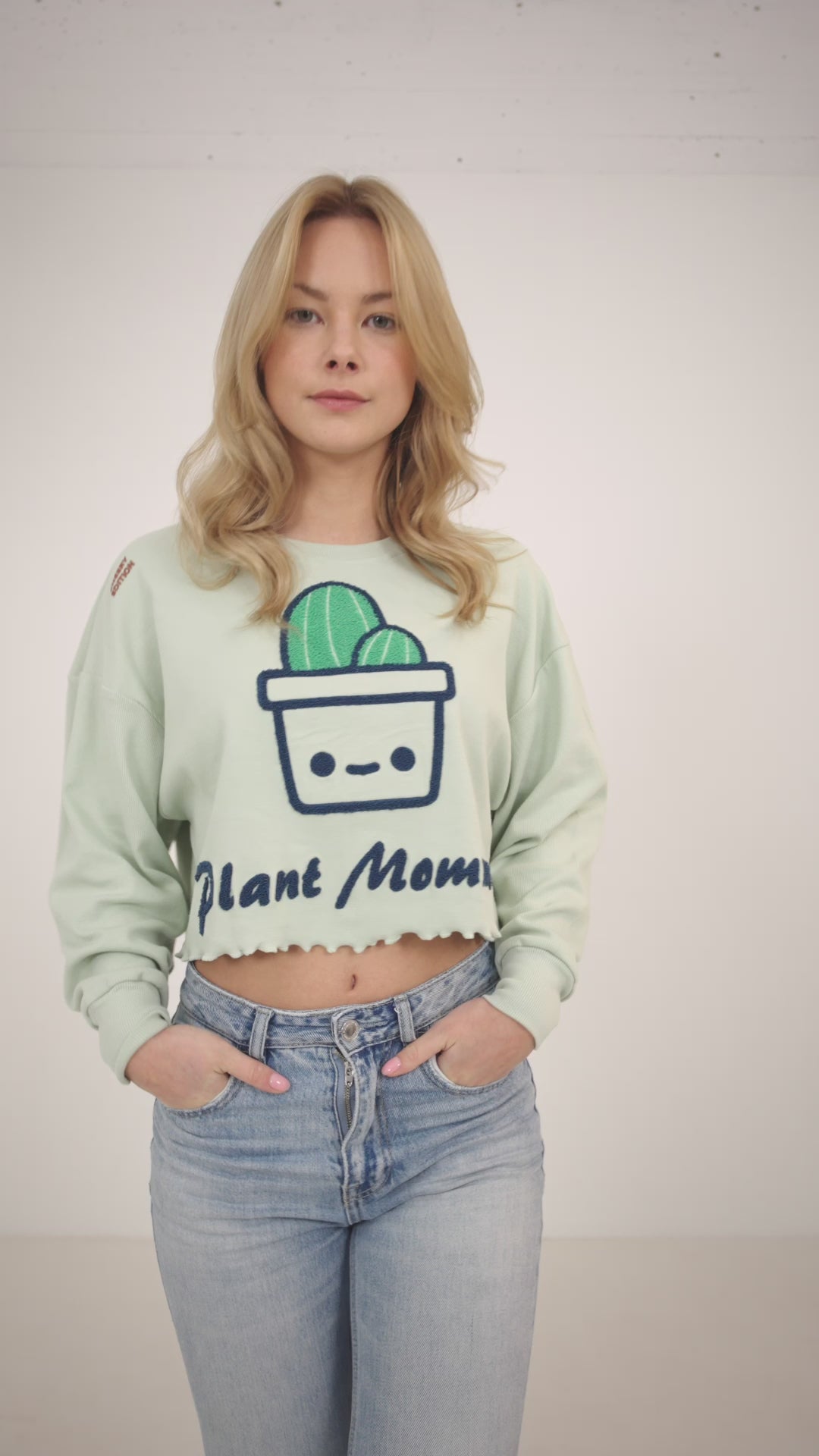 Green ribbed oversized embroidered crop top