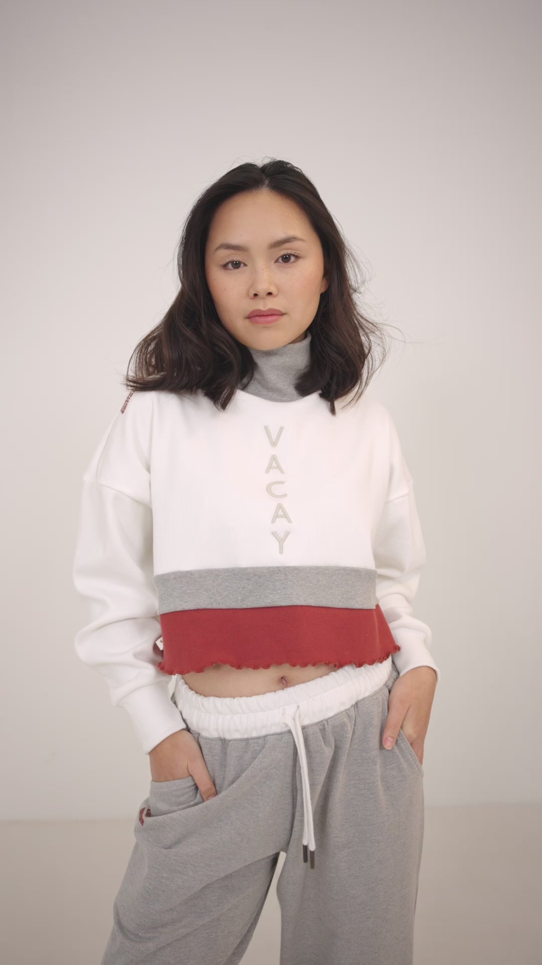 Colourblocked ribbed oversized embroidered cut sew crop top